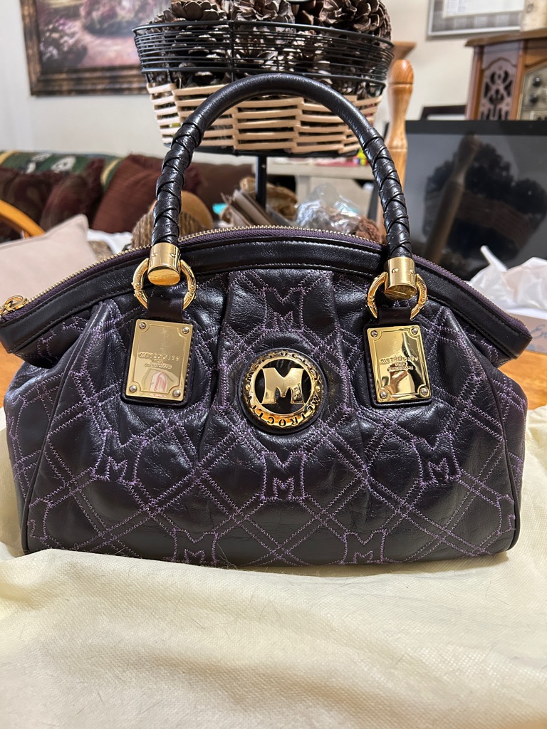 Metrocity Quilted Plum Leather Satchel With Gold Hardware